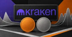 Official Kraken purple wordmark above paired unbranded orange and silver option-contract disks against greyscale volatility curves.