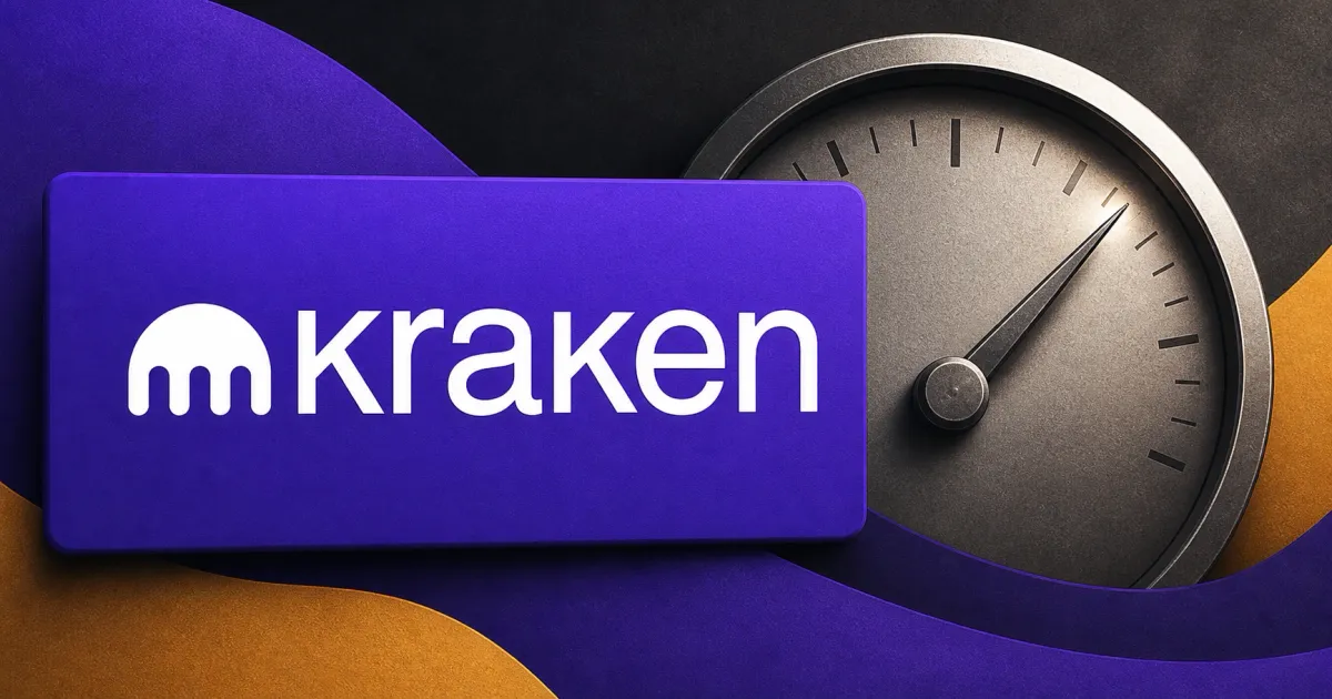 Large official white Kraken wordmark and logo on a purple plaque beside a greyscale unbranded Bitcoin trading-risk meter with a 20x scale on violet and amber editorial panels.