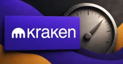 Large official white Kraken wordmark and logo on a purple plaque beside a greyscale unbranded Bitcoin trading-risk meter with a 20x scale on violet and amber editorial panels.