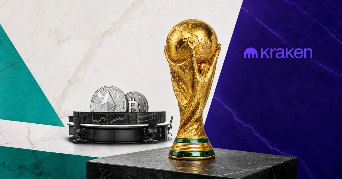 Gold World Cup-style trophy, Kraken logo, crypto trading desk and Bitcoin and Ethereum coins on purple and teal editorial panels representing Kraken's FIFA World Cup 2026 crypto exchange partnership.