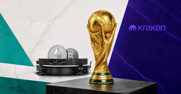 Gold World Cup-style trophy, Kraken logo, crypto trading desk and Bitcoin and Ethereum coins on purple and teal editorial panels representing Kraken's FIFA World Cup 2026 crypto exchange partnership.