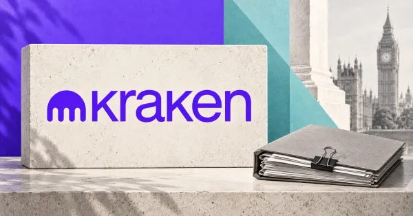 Large official purple Kraken creature emblem and lowercase wordmark on an off-white stone sign beside an unbranded greyscale tax-record folder and binder clip, with violet and teal panels and London's Parliament in the background.