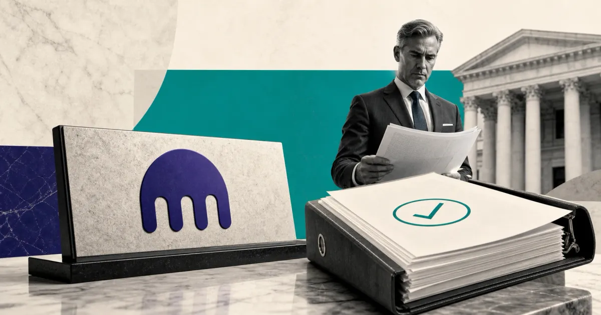 Greyscale Kraken audit desk with arbitration documents, a court facade and an auditor figure on teal, indigo and off-white editorial panels.