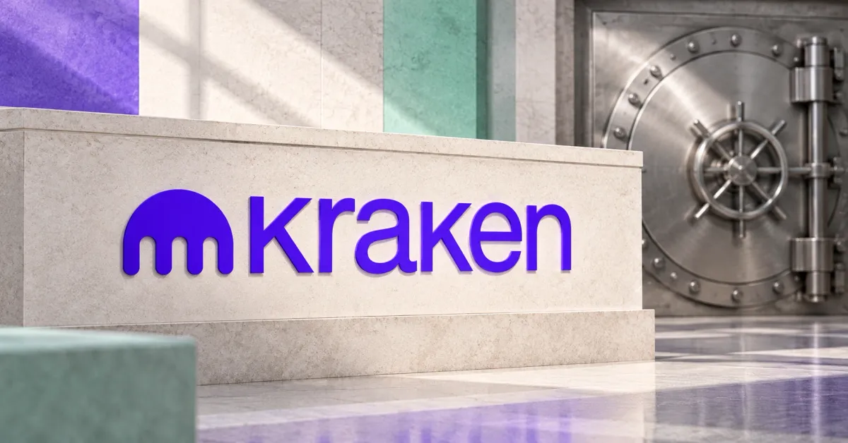 Large official purple Kraken emblem and lowercase kraken wordmark on an off-white limestone banking-counter sign beside an unbranded greyscale closed vault door, against violet and mint panels.