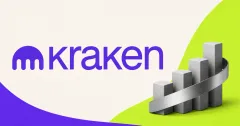 Large official violet Kraken wordmark beside a greyscale unbranded stepped market sculpture and blank metal ribbon on off-white, lime and violet editorial panels.