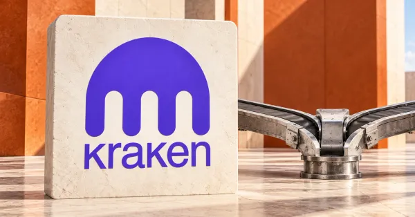Large official purple Kraken creature and lowercase wordmark on an ivory stone sign beside a smaller unbranded greyscale mechanical routing switch, against violet and burnt orange panels.