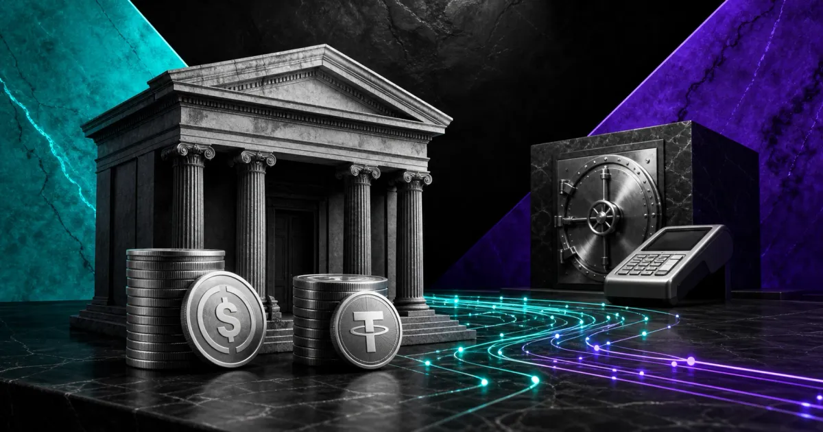 Greyscale bank facade, stablecoin coins, custody vault and payment terminal on teal and violet editorial panels representing Kraken and Tempo stablecoin infrastructure