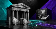 Greyscale bank facade, stablecoin coins, custody vault and payment terminal on teal and violet editorial panels representing Kraken and Tempo stablecoin infrastructure