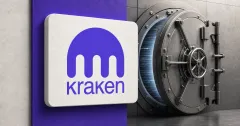 A prominent official Kraken logo on a purple plaque beside an open institutional custody vault door, representing Kraken's custom yield vaults.
