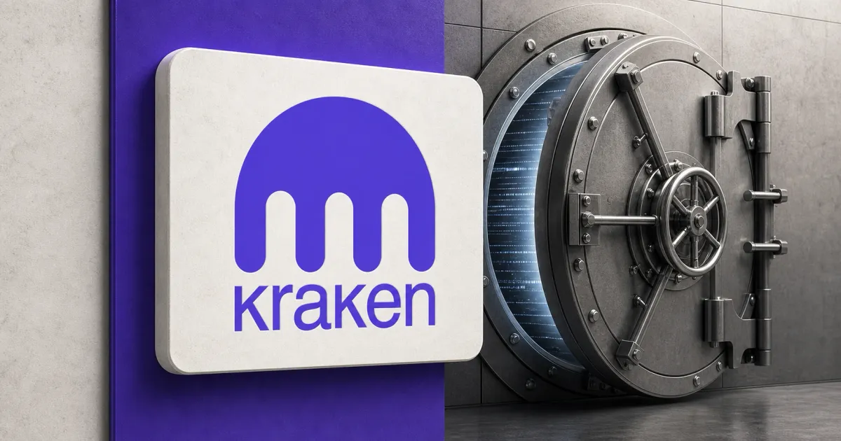 A prominent official Kraken logo on a purple plaque beside an open institutional custody vault door, representing Kraken's custom yield vaults.