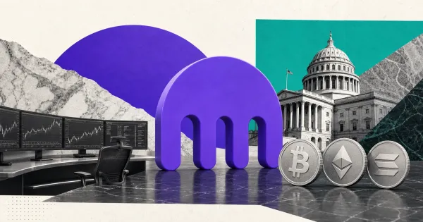 Kraken purple logo mark, crypto trading desk, U.S. regulator building and Bitcoin, Ethereum and Solana coins on purple and teal editorial panels representing CFTC-regulated U.S. perpetual futures.