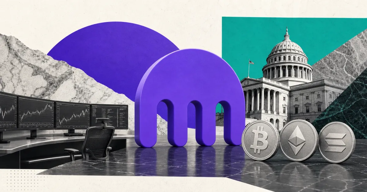 Kraken purple logo mark, crypto trading desk, U.S. regulator building and Bitcoin, Ethereum and Solana coins on purple and teal editorial panels representing CFTC-regulated U.S. perpetual futures.