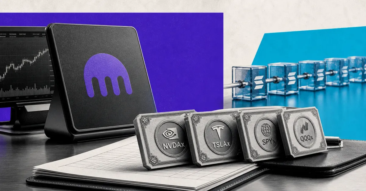 Greyscale Kraken trading desk with Nvidia, Tesla, SPY and QQQ tokenized stock certificates used as collateral on blue, violet and off-white editorial panels.