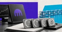 Greyscale Kraken trading desk with Nvidia, Tesla, SPY and QQQ tokenized stock certificates used as collateral on blue, violet and off-white editorial panels.