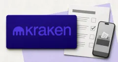 Large official purple Kraken wordmark on a dark plaque beside a greyscale unbranded proxy ballot and secure voting phone on off-white and lavender editorial panels.