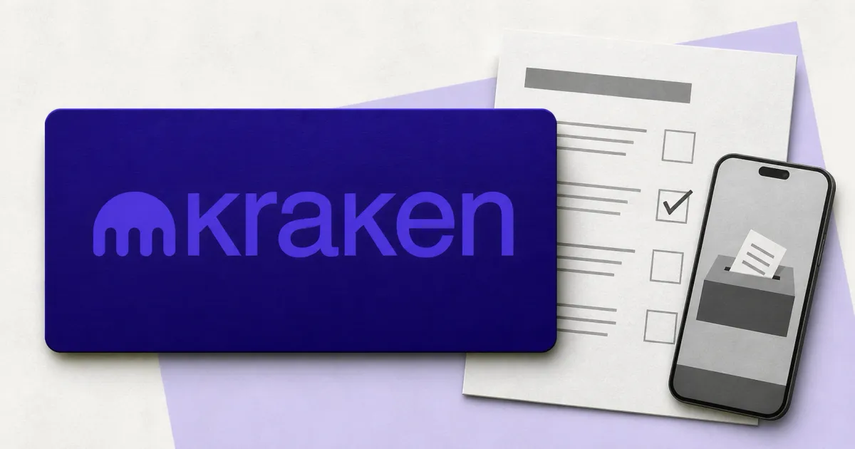 Large official purple Kraken wordmark on a dark plaque beside a greyscale unbranded proxy ballot and secure voting phone on off-white and lavender editorial panels.