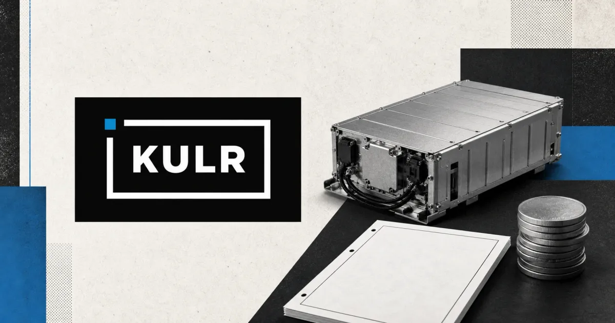 Large official KULR white wordmark inside its black bordered plaque with a blue accent, beside a greyscale industrial battery module, blank filing document and unmarked metal coins.