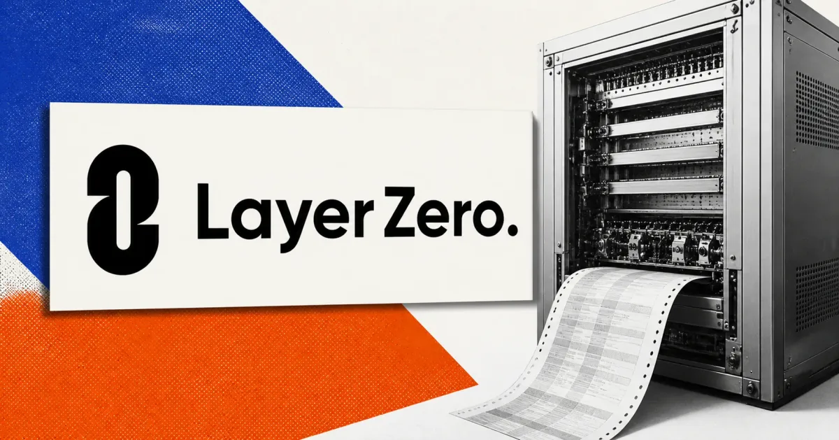 Large official black LayerZero wordmark on a white placard beside an unbranded greyscale exchange-engine cabinet and trade ledger, set against cobalt blue, burnt-orange and off-white editorial panels.