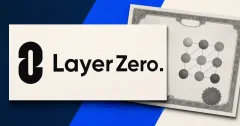 Official black LayerZero wordmark on a large off-white card beside a greyscale non-branded bank-deposit certificate with an abstract multi-currency network diagram.