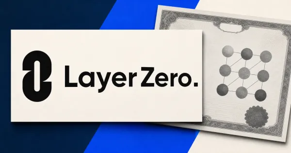 Official black LayerZero wordmark on a large off-white card beside a greyscale non-branded bank-deposit certificate with an abstract multi-currency network diagram.