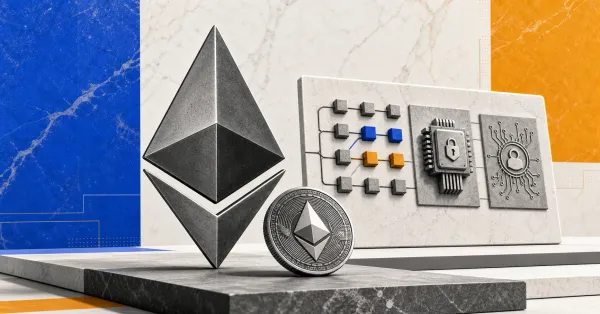 Greyscale Ethereum emblem and Ether coin on a financial news desk with an unlabeled protocol roadmap board and quantum-security hardware on cobalt and amber editorial panels.