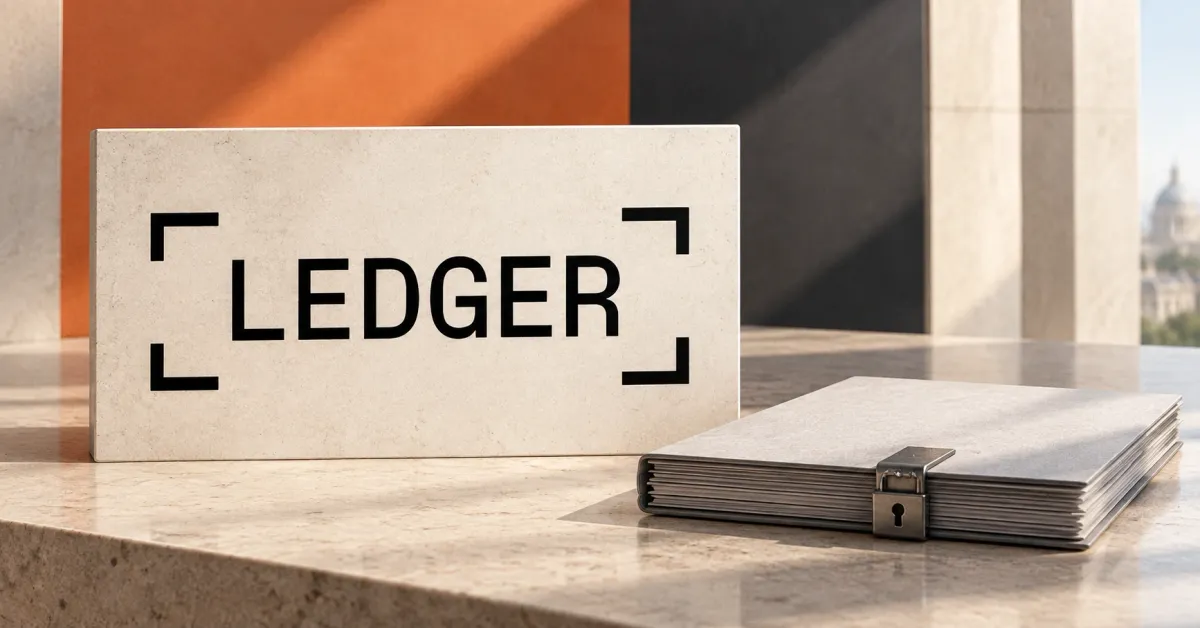 One large official black LEDGER wordmark with four corner brackets on an off-white stone sign beside an unbranded greyscale loan folio secured by a metal clasp and padlock, against orange and charcoal architectural panels.