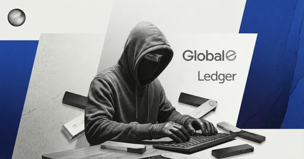 Hooded hacker at a keyboard surrounded by Ledger hardware wallets with Global e logo and Ledger logo, illustrating a crypto security breach or wallet exploit.