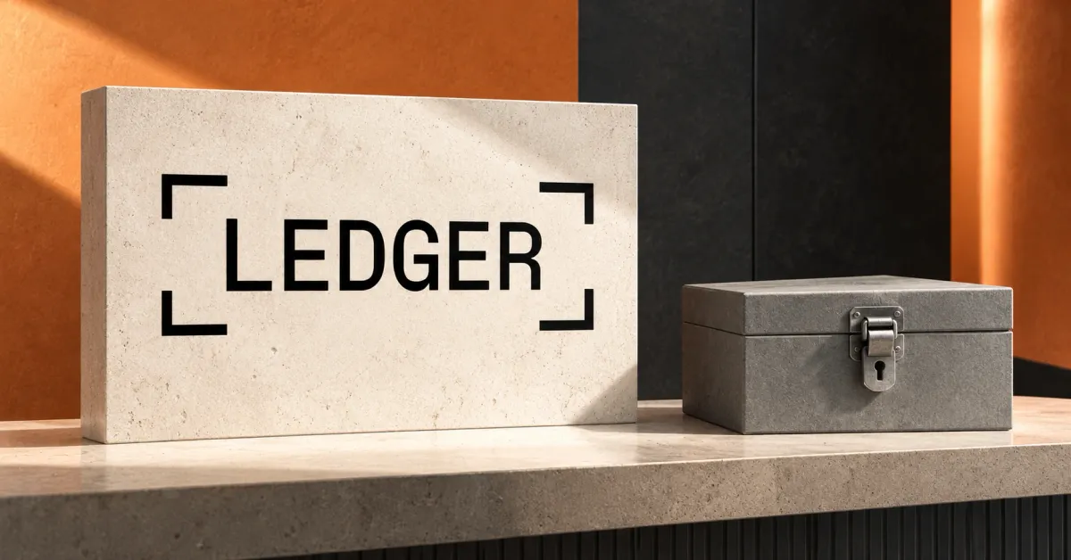 One prominent official black LEDGER wordmark with four corner brackets on an off-white limestone sign beside an unbranded greyscale closed inventory box with a metal security clasp, against apricot and charcoal panels.