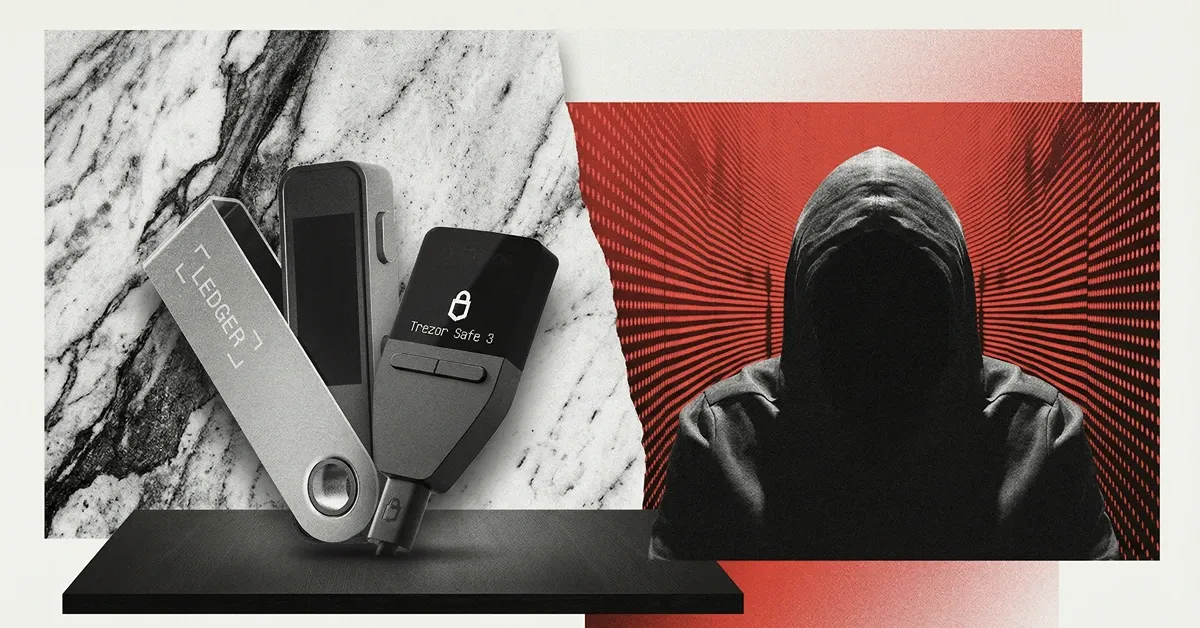 Ledger and Trezor hardware wallets next to a hooded hacker figure, representing fake wallet apps, phishing, and digital asset custody risks.