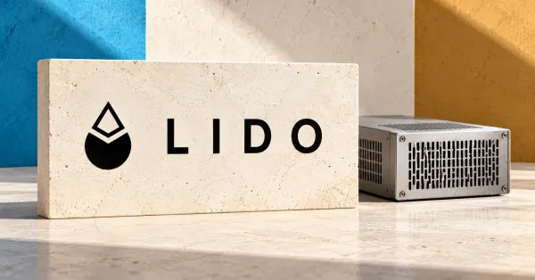 Large official black Lido symbol and LIDO wordmark on an ivory stone sign beside a smaller unbranded greyscale validator computer, against cyan and ochre panels.