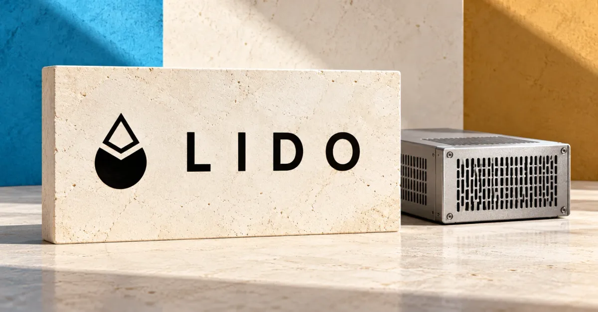 Large official black Lido symbol and LIDO wordmark on an ivory stone sign beside a smaller unbranded greyscale validator computer, against cyan and ochre panels.