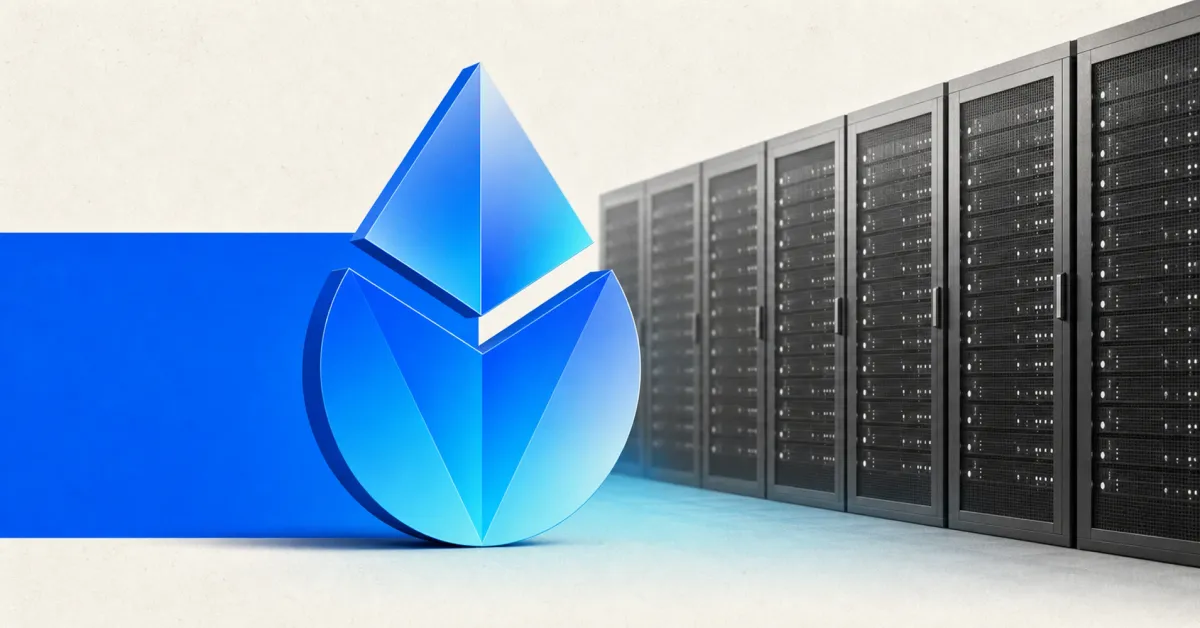 Large official blue and cyan Lido pictorial mark beside greyscale validator server racks, illustrating Lido's CMv2 Ethereum validator consolidation.