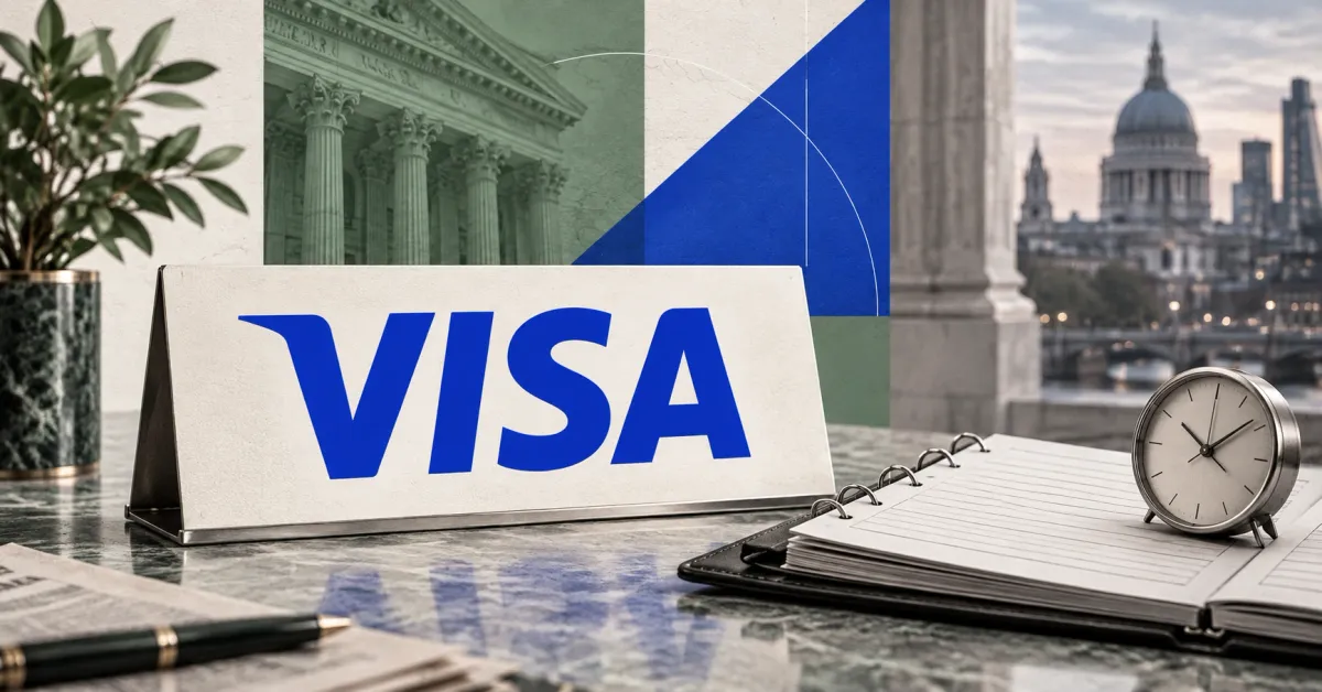Large official blue Visa wordmark on an off-white treasury desk placard beside an unbranded greyscale settlement ledger and analog clock, with sage and cobalt panels and a London skyline.