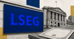 Large official London Stock Exchange logo on a blue plaque beside a greyscale classical exchange building and an unbranded stock certificate on blue and gold editorial panels.