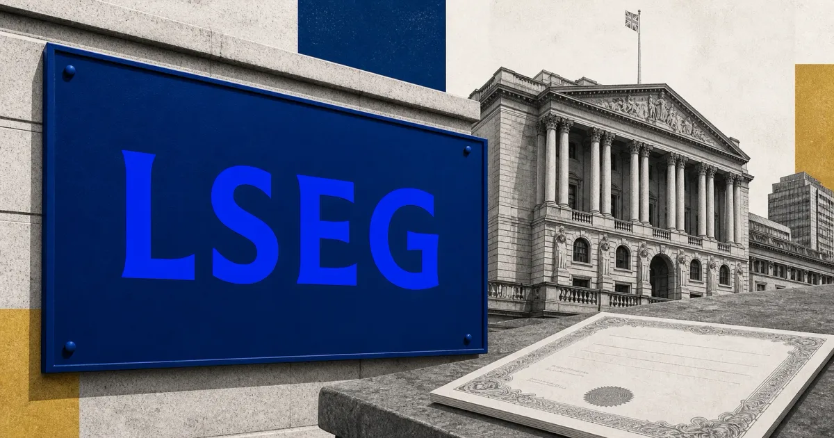 Large official London Stock Exchange logo on a blue plaque beside a greyscale classical exchange building and an unbranded stock certificate on blue and gold editorial panels.