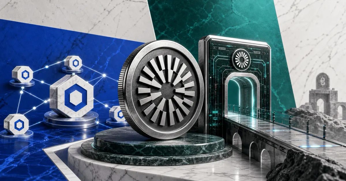 Greyscale Mantle MNT token and cross-chain Super Portal bridge beside Chainlink CCIP oracle nodes on blue, teal and marble editorial panels.