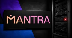 Large official MANTRA wordmark on a black plaque beside a greyscale unbranded validator server rack with one red alert light on violet and blue editorial panels.