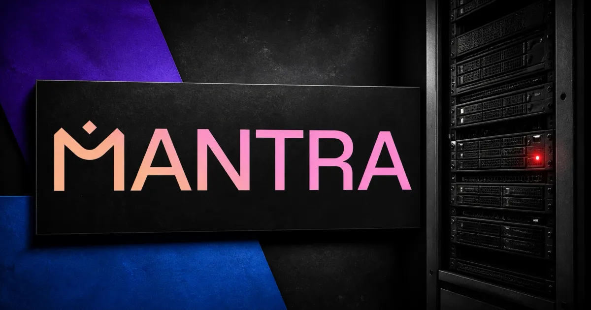 Large official MANTRA wordmark on a black plaque beside a greyscale unbranded validator server rack with one red alert light on violet and blue editorial panels.