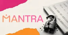 Large official MANTRA gradient wordmark beside a greyscale unbranded forensic ledger and shattered padlock on off-white, magenta and orange editorial panels.