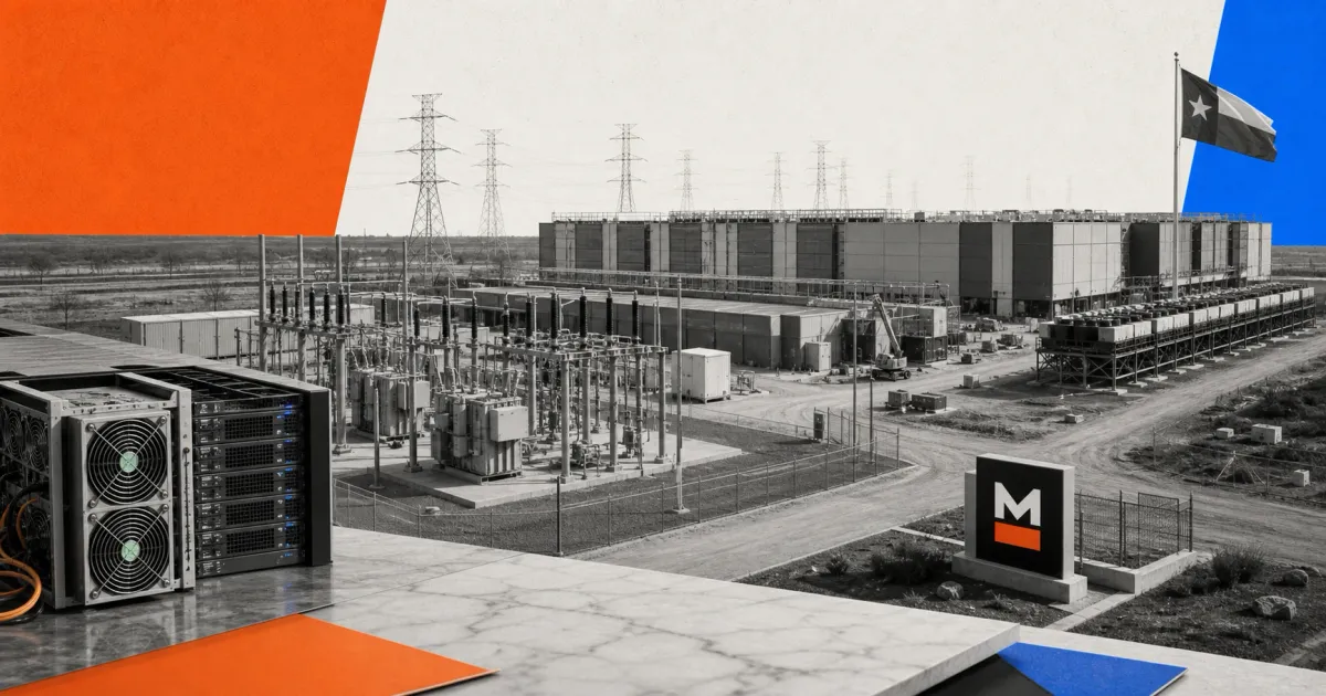 Greyscale MARA Texas data center campus, power switchyard and Bitcoin mining servers on orange, blue and off-white editorial news panels.