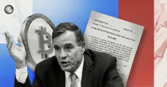 U.S. senator speaking with Bitcoin coin and Senate bill document in background, symbolizing U.S. crypto regulation and digital asset legislation debate