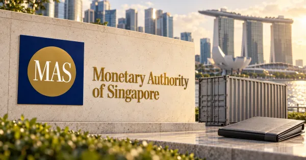 Large official navy and gold MAS emblem and Monetary Authority of Singapore wordmark on an ivory stone sign beside an unbranded greyscale cargo container and trade folio, with Singapore's waterfront behind.