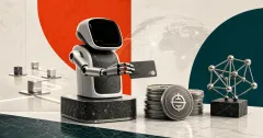 Editorial greyscale AI payment robot with stablecoin stacks and blockchain rails on orange and teal news panels