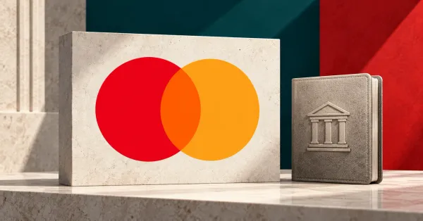 Large official full-color Mastercard symbol on an off-white stone sign beside a smaller unbranded greyscale ledger folio with a bank-facade relief, against off-white, teal and red panels.