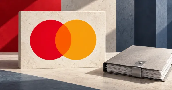 One large official red and yellow Mastercard symbol on an off-white limestone sign beside a smaller unbranded greyscale payment folder secured by a steel clasp, against red and slate-blue panels.