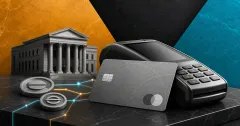Greyscale payment card and settlement terminal beside a bank facade on amber and cyan editorial panels representing Mastercard stablecoin settlement