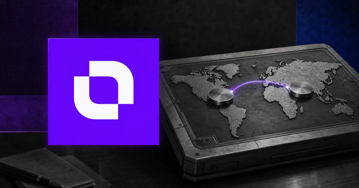 Large official white Mento pictorial mark on its bright purple square beside a greyscale world-map foreign-exchange settlement terminal with two unbranded metal settlement discs.