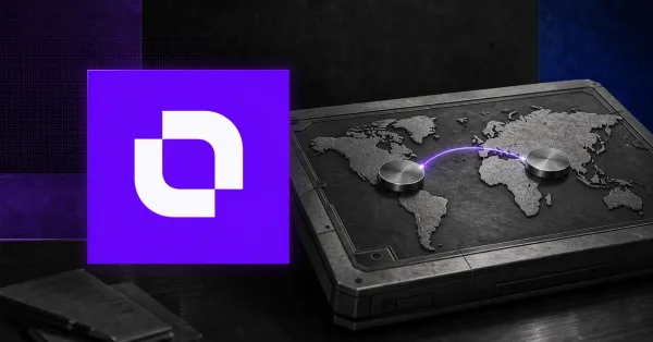 Large official white Mento pictorial mark on its bright purple square beside a greyscale world-map foreign-exchange settlement terminal with two unbranded metal settlement discs.