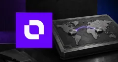 Large official white Mento pictorial mark on its bright purple square beside a greyscale world-map foreign-exchange settlement terminal with two unbranded metal settlement discs.