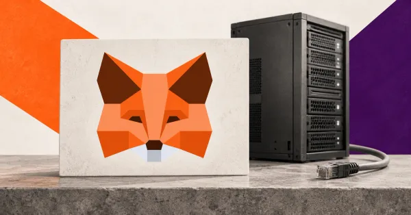 Large official orange MetaMask fox emblem on an off-white stone sign beside an unbranded greyscale validator server and disconnected network cable, against orange and purple editorial panels.